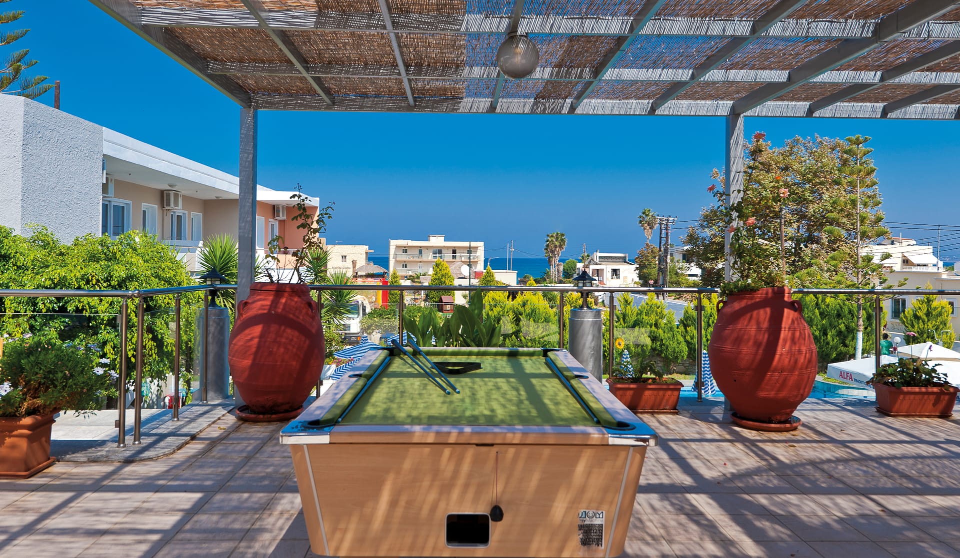 The following facilities are located 150 meters from the property and include a shared swimming pool, pool bar, billiards, and foosball table.