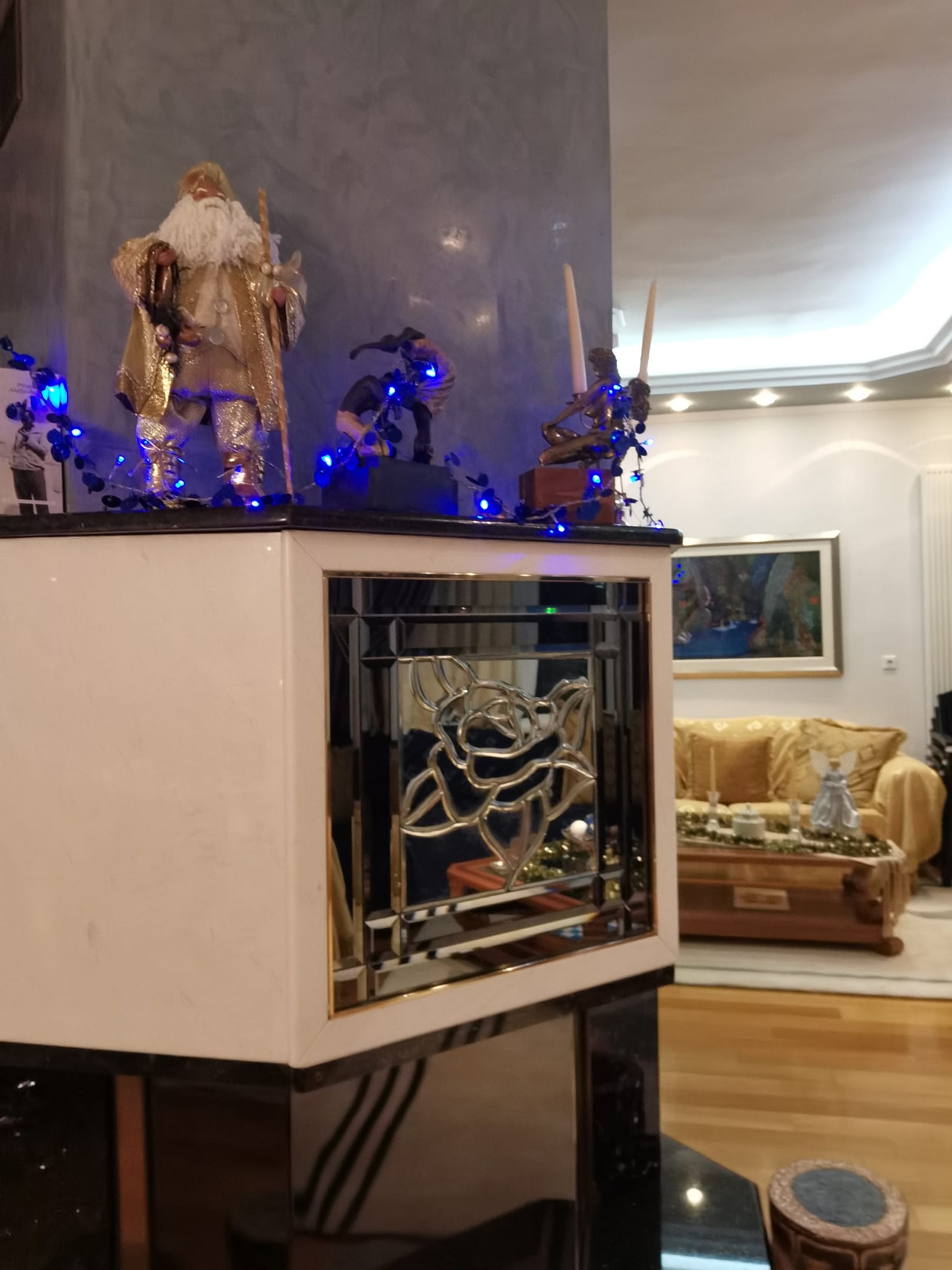 Living room fireplace.