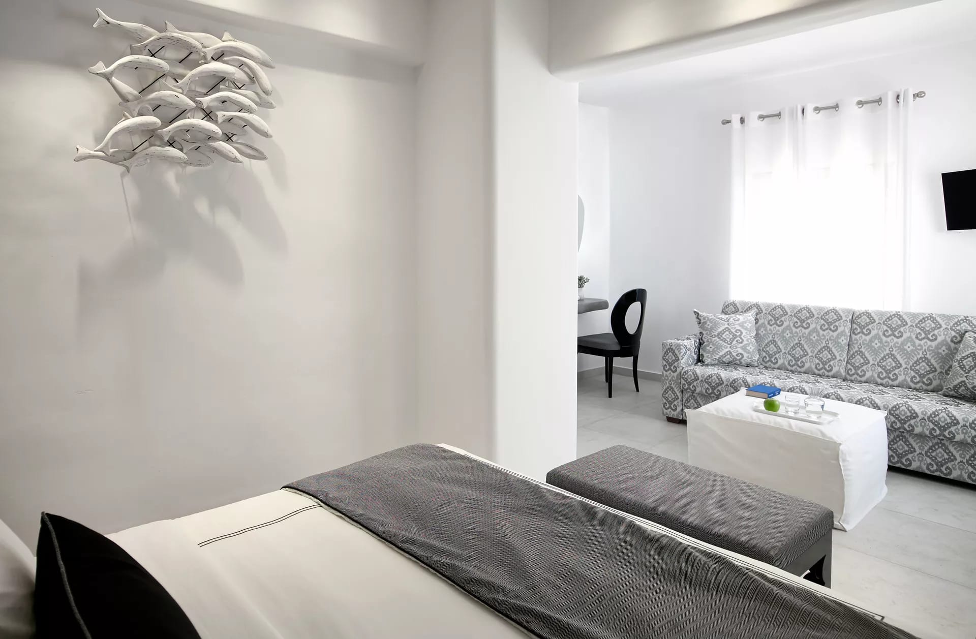 White Family Room with Garden View